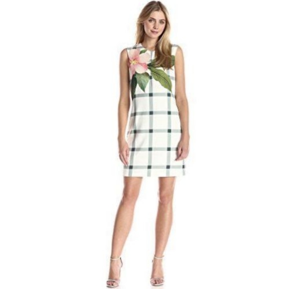 Ted Baker Nayelic Off White Floral Plaid Design Sleeveless Shift Dress - Picture 2 of 14